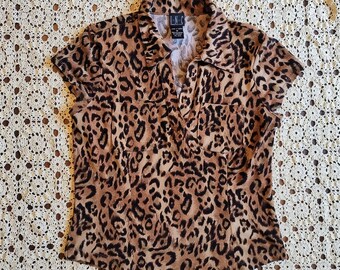 Vintage 90s/Y2k Leopard Print Collared Top Medium