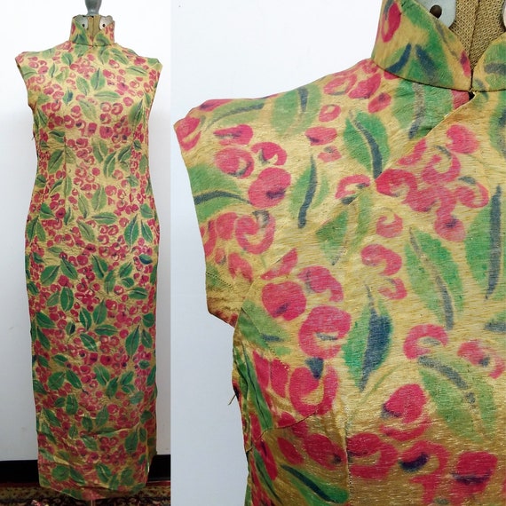 Vintage 50s Cheongsam Style Dress Gold, Pink and … - image 1