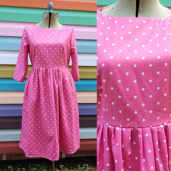 Vintage Handmade Pink Dress White Polka Dots - image 1