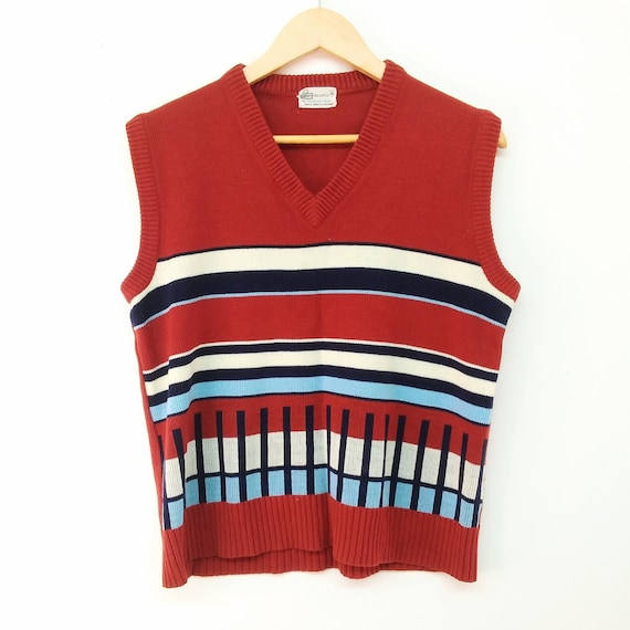 Vintage 70s Burnt Orange Sweater Vest Blue Retro … - image 1