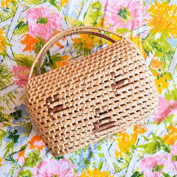 Vintage 70s Boho Wicker Straw Tote Bag Two Handle - Gem