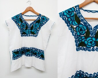 Vintage Embroidered Huipil Blouse Blue Flowers Handmade Cotton Tunic Top