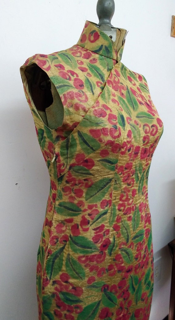 Vintage 50s Cheongsam Style Dress Gold, Pink and … - image 3