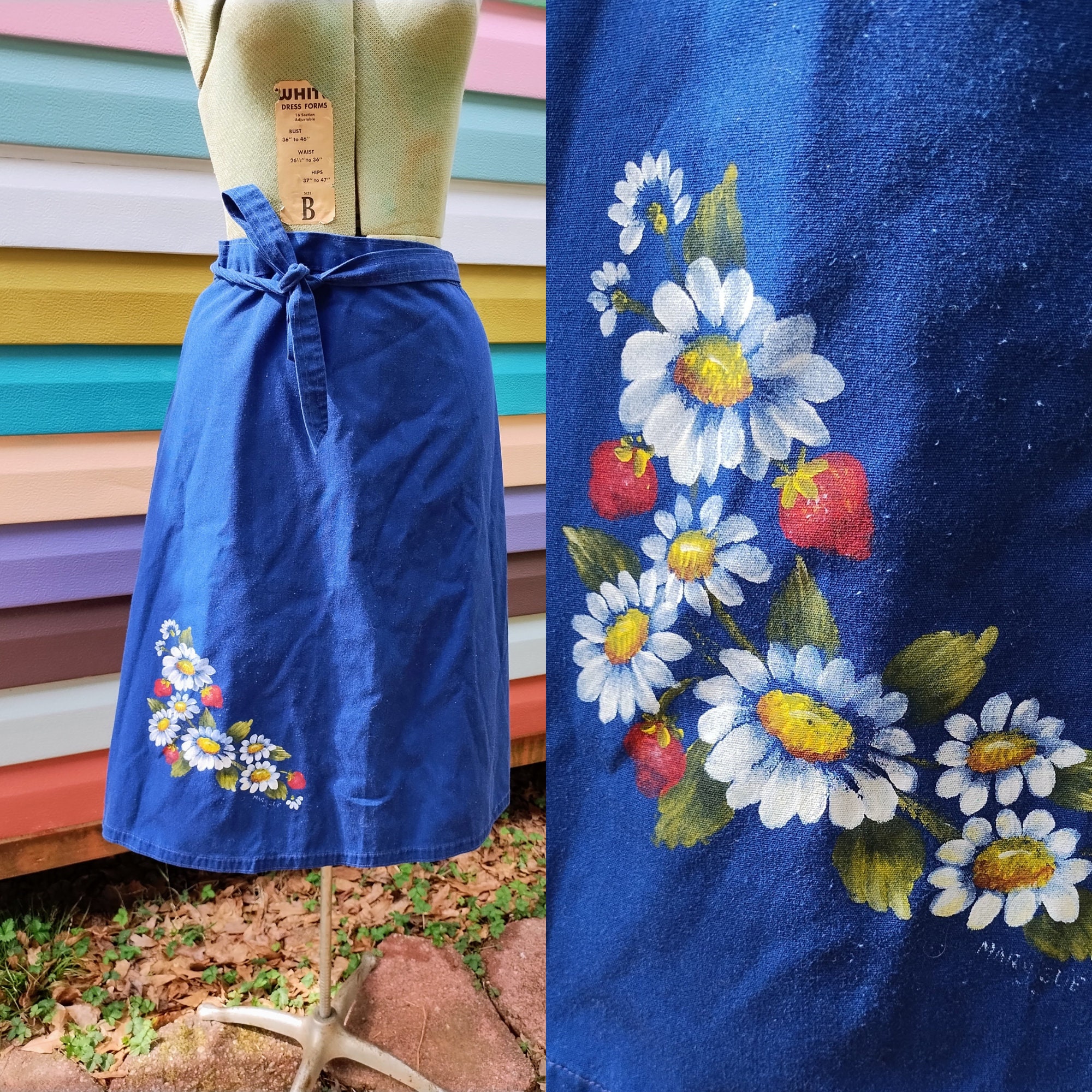 Vintage 70s Wrap Skirt Hand Painted Flowers and Strawberries - Etsy