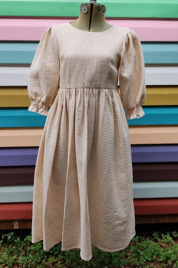 Vintage Handmade Cream Prairie Dress Puff Sleeve … - image 5