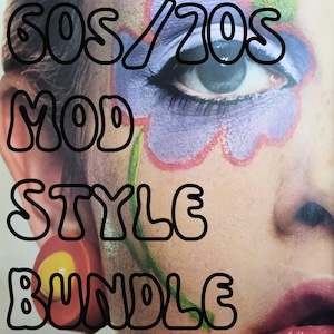 May include: A close-up of a woman's face with 60s/70s mod style makeup. The makeup features a purple flower design with red outlines and a green stem. The text "60s/70s Mod Style Bundle" is written in black outlined letters.