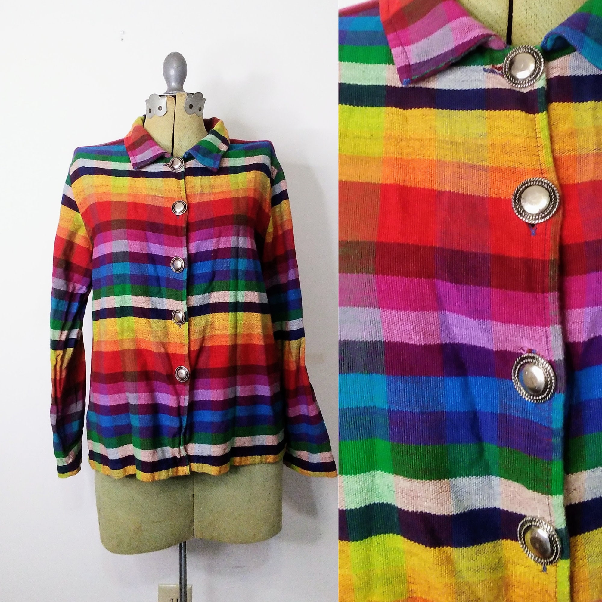 Vintage 90s Rainbow Chore Jacket Cotton Lightweight Shirt Jacket 