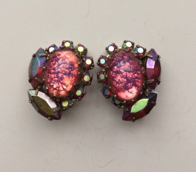 Vintage Art Deco Earring and Brooch Set-Cat Eye Fire Opal