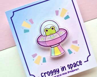 Froggy in Space Pin - Kawaii Clear Acrylic Accessory - Frog Alien in Spaceship
