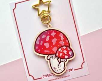 Twin Mushroom Wooden Keychain - 2.5” - single sided