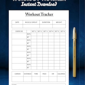 Conjunto de ejercicios imprimibles con seguimiento de entrenamiento, registro digital de actividad física, tamaño A4 (media carta), registro diario editable, descarga instantánea, diseño minimalista.