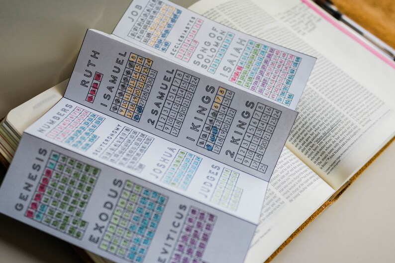 K&ouml;nnte beinhalten: Nahaufnahme einer Bibel mit einem Satz Lesezeichen, die die B&uuml;cher des Alten Testaments auflisten. Die Lesezeichen sind mit den Namen der B&uuml;cher und den Kapiteln jedes Buches bedruckt. Die Lesezeichen sind in der Reihenfolge von Genesis bis Maleachi angeordnet.