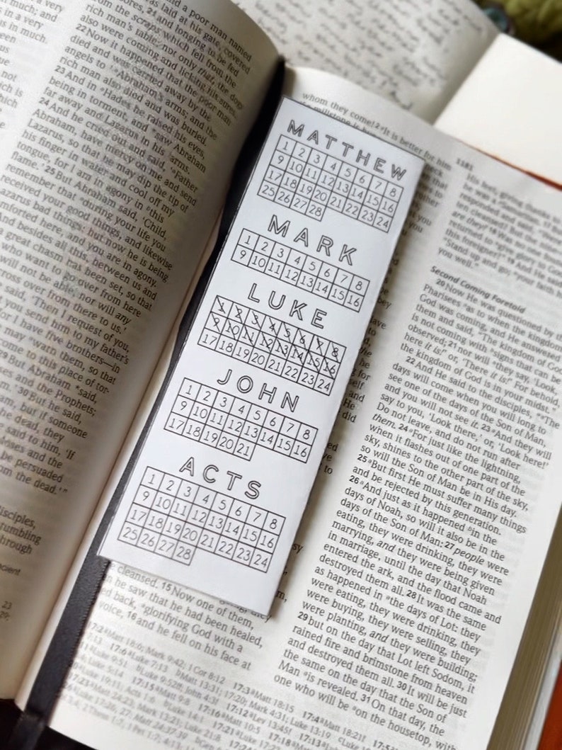 K&ouml;nnte beinhalten: Ein schwarz-wei&szlig;es Lesezeichen mit einem Raster aus Zahlen f&uuml;r jedes Buch des Neuen Testaments. Das Lesezeichen ist mit "Matth&auml;us", "Markus", "Lukas", "Johannes" und "Apostelgeschichte" beschriftet.