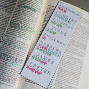 K&ouml;nnte beinhalten: Ein wei&szlig;es Lesezeichen mit schwarzem Text, das die B&uuml;cher des Neuen Testaments mit den entsprechenden Kapitelnummern auflistet. Das Lesezeichen ist mit den Namen der B&uuml;cher beschriftet: 2 Thessalonicher, 1 Timotheus, 2 Timotheus, Titus, Philemon, Hebr&auml;er, Jakobus und 1 Petrus.