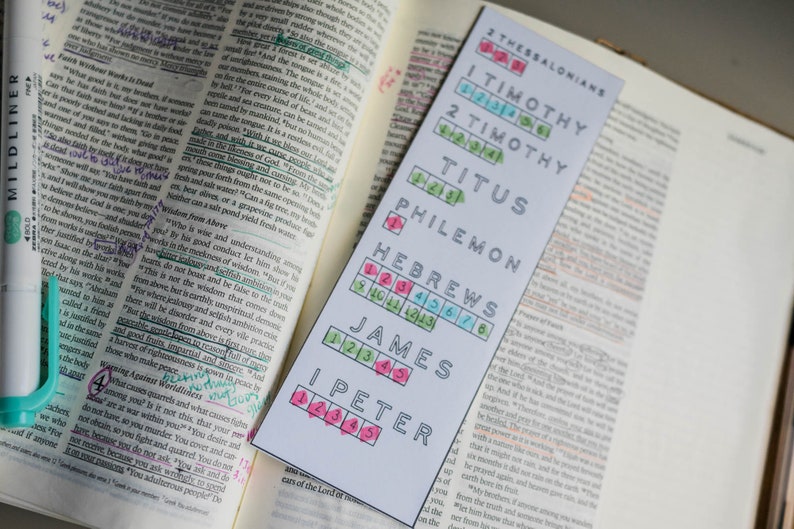 K&ouml;nnte beinhalten: Ein wei&szlig;es Lesezeichen mit schwarzem Text, das die B&uuml;cher des Neuen Testaments mit den entsprechenden Kapitelnummern auflistet. Das Lesezeichen ist mit den Namen der B&uuml;cher beschriftet: 2 Thessalonicher, 1 Timotheus, 2 Timotheus, Titus, Philemon, Hebr&auml;er, Jakobus und 1 Petrus.