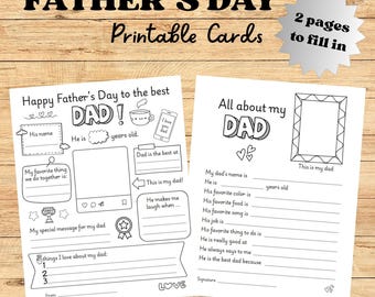 Printable All About My Dad Questionnaire, Fathers Day Crafts, Fathers Day Gift from Kids, Coloring Page, Fill in The Blank Fathers Day Card