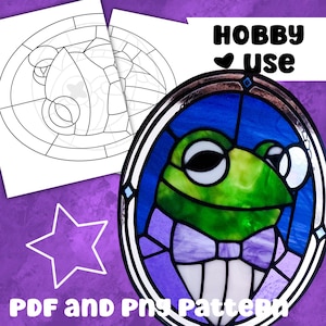 May include: A stained glass frog design with a blue and white bow tie, set against a blue and purple background. The image includes the text "HOBBY USE" and "PDF and PNG Pattern". Also included is a line drawing of a stained glass design.
