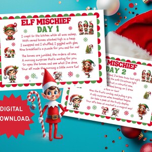 Puede incluir: Descarga digital de dos tarjetas navideñas con poemas sobre travesuras de elfos. Las tarjetas tienen bordes rojos y verdes e ilustraciones de elfos. Un bastón de caramelo y un elfo con un traje rojo están en primer plano.