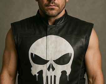 Handgefertigte Leder Skull Biker Weste: Taktische Gothic Motorradjacke