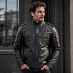 Könnte beinhalten: Eine schwarze Lederjacke mit Stehkragen, durchgehendem Frontreißverschluss und zwei Brusttaschen mit Klappen. Die Schultern und Ärmel sind mit dunkelroten Paspeln akzentuiert, und die Ärmelbündchen sind mit einem abgesteppten Saum versehen.