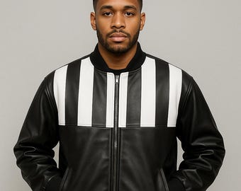 Men's Black and White Striped Leather Bomber Jacket - Cafe Racer Style
