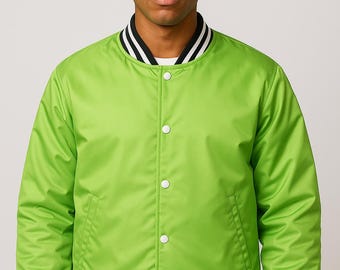 Green Satin Varsity Jacket: Retro Snap-Button Letterman Style