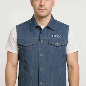 Personalized Denim Motorcycle Vest, Urban Fashion Sleeveless Vest, Classic Blue Denim Vest, Denim Vest For Men, Vintage Style Denim Vest