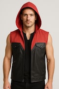 New Men's Red Hood Biker Vest Red Hood Costume Vest For Men - Red Leather Hooded Vest - Men's Biker Costume product logo
