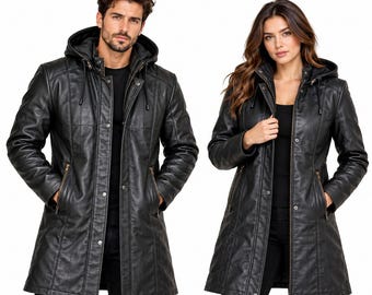 Black Leather Hooded Coat, Men’s & Women’s Long Leather Jacket, Zip-On Detachable Hoodie, Motorcycle Winter Coat, Unisex Outerwear