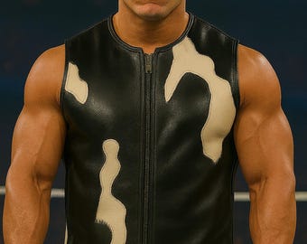 Handmade Black Leather Biker Vest: Gothic Cowhide Patchwork