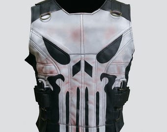 Handgemaakt leren schedelvest | Tactisch cosplaykostuum | Stijl geïnspireerd op Punisher-vest | Op film geïnspireerd vest voor heren | Zwart vest