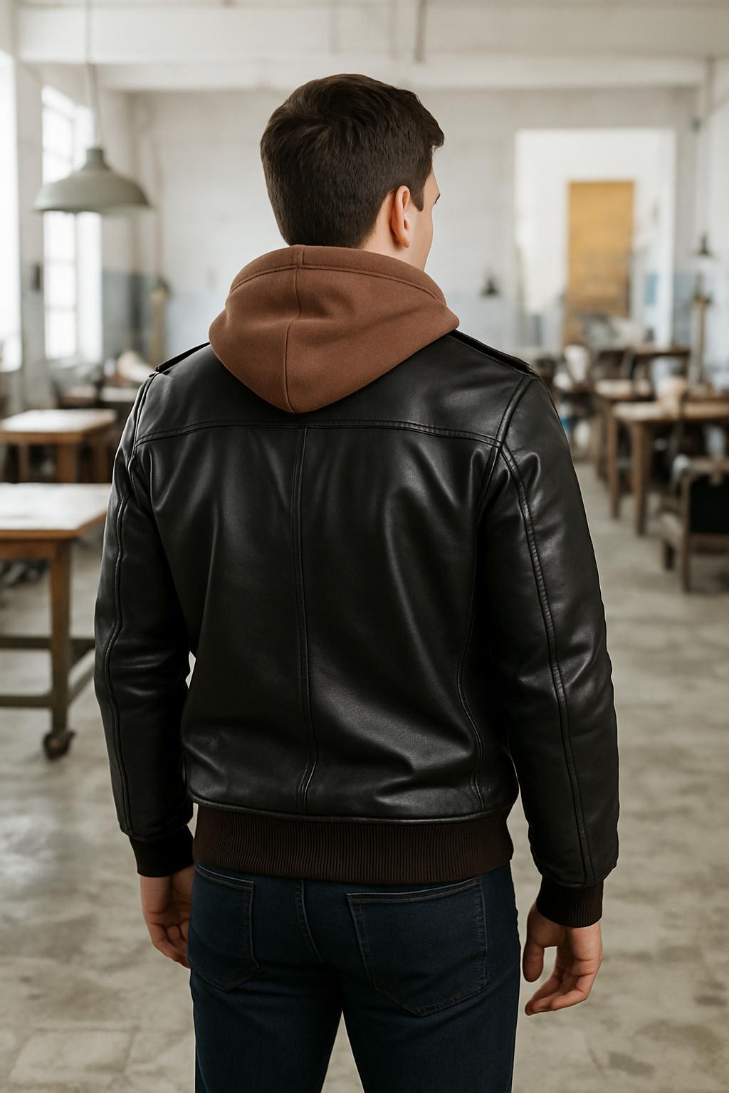 フード付きレザーボンバージャケット：メンズカジュアルバイカー