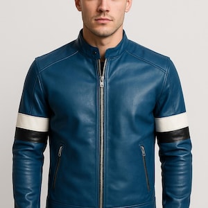 Men&#39;s Blue Leather Jacket, Stylish Blue Biker Jacket, Fashionable Blue Leather Jacket, Casual Blue Leather Jacket, Statement Jacket, Gift