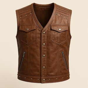 Mens Real Leather Motorcycle Vest, Brown Leather Biker Vest, Brown Vest, Cowboy Vest, Leather Vest, V-Neck Vest, Classic Vintage Mens Vest