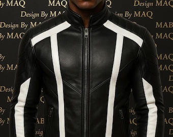 Handmade Black Leather Biker Jacket – White Stripes, Retro Cafe Racer