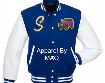 Chaqueta universitaria de lana azul hecha a mano: parche de coche bordado, mangas blancas