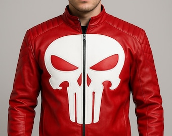 Handmade Red Leather Skull Biker Jacket | Hero Cosplay Costume | Best Halloween Jacket | Skull Jacket Inspired By Punisher | Yellow Jacket