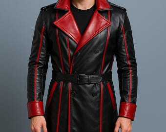 Handgjord gotisk steampunk-trenchcoat i läder - svart och röd
