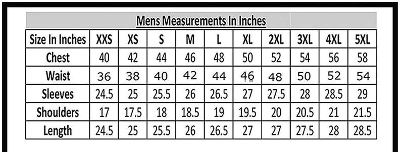 K&ouml;nnte beinhalten: Eine Tabelle mit der &Uuml;berschrift "Mens Measurements In Inches" zeigt Gr&ouml;&szlig;enangaben f&uuml;r Brust, Taille, &Auml;rmel, Schultern und L&auml;nge. Die Gr&ouml;&szlig;en reichen von XXS bis 5XL, mit Ma&szlig;en in Zoll.