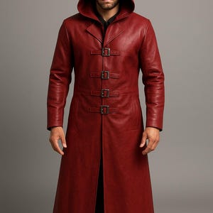 Men’s Red Hooded Leather Trench Coat – Long Gothic Warrior Coat, Leather Hooded Coat, Cosplay Renaissance Coat, Medieval Warrior Trench Coat