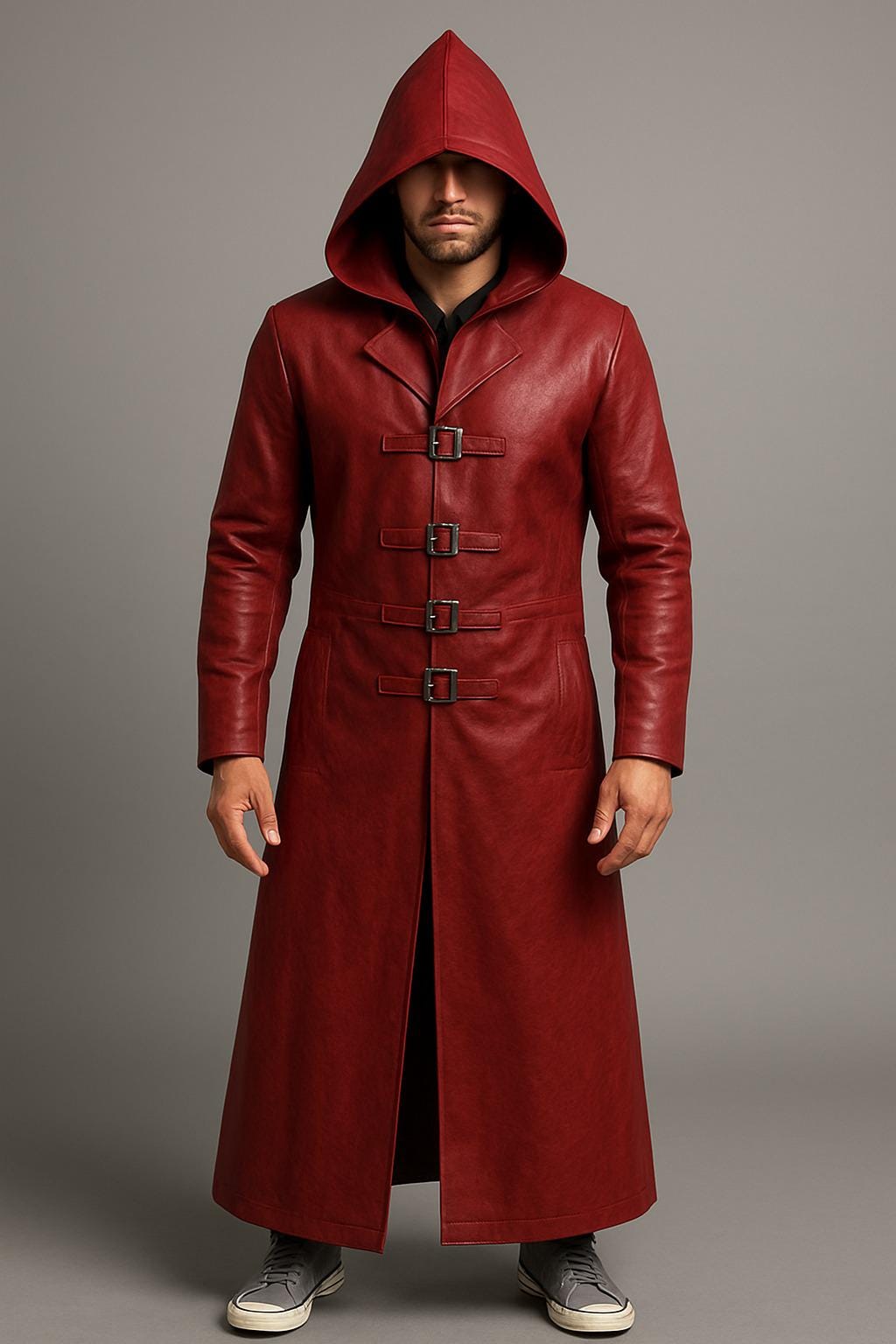 Red Hooded Leather Trench Coat: Gothic Cosplay Warrior Outerwear
