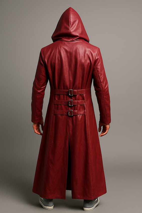 Red Hooded Leather Trench Coat: Gothic Cosplay Warrior Outerwear