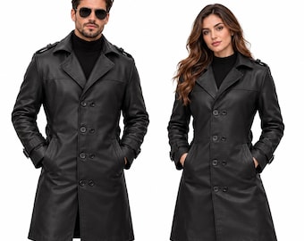 May include: A black leather trench coat featuring a notched lapel, a double-breasted button front closure, shoulder epaulets, and adjustable buckled straps on the cuffs. The coat has a structured collar and two side pockets, providing a classic look.