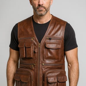 Men Leather Vest Men Sleeveless Waistcoat Jacket Motorcycle Thick Vest Multi Pocket Leather Vest The Rugged Explorer&#39;s Vest Utility Vest