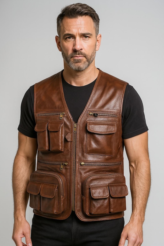 Men's Brown Leather Motorcycle Vest: Rugged Multi-Pocket Utility Vest