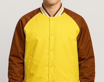 Two-Tone Varsity Jacket: Yellow & Brown Satin Letterman Style