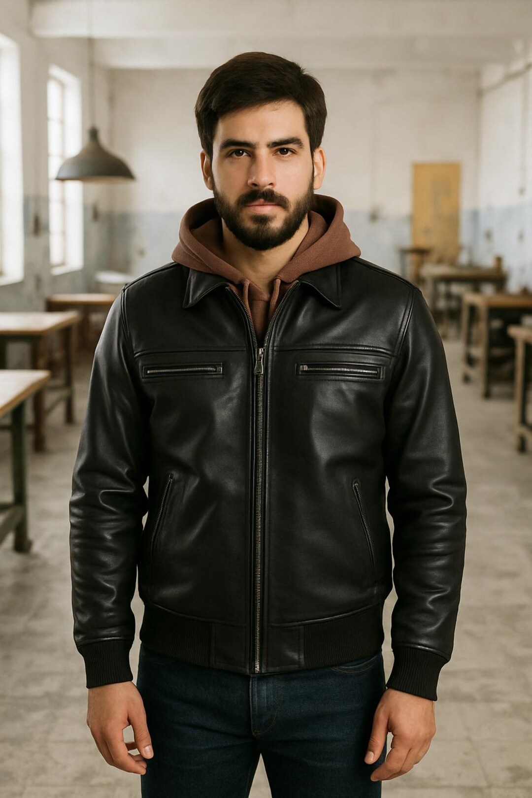 フード付きレザーボンバージャケット：メンズカジュアルバイカー