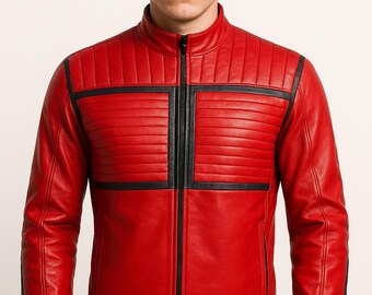 Red Leather Cafe Racer Jacket: Quilted Biker Moto Style