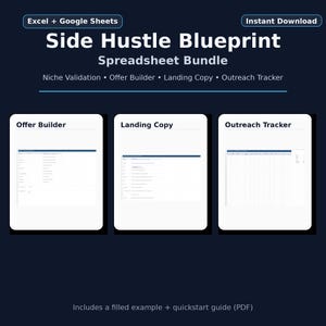 May include: A dark blue graphic with the text "Side Hustle Blueprint Spreadsheet Bundle." The image includes three mockups labeled "Offer Builder," "Landing Copy," and "Outreach Tracker." The text "Excel + Google Sheets" and "Instant Download" are also visible.