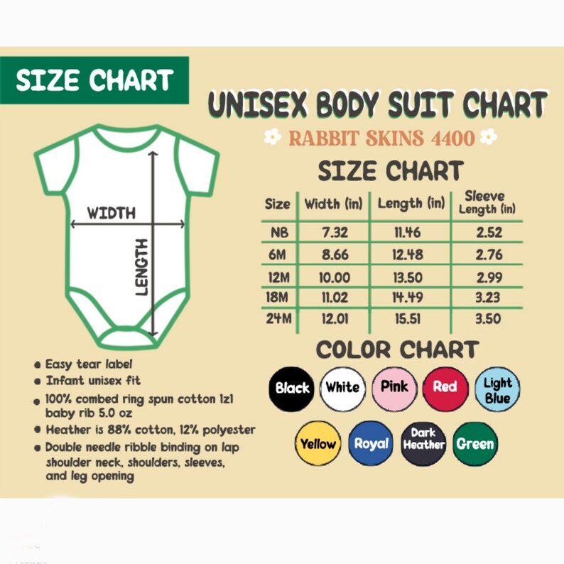 K&ouml;nnte beinhalten: Gr&ouml;&szlig;entabelle f&uuml;r Unisex-Bodysuits von Rabbit Skins 4400. Die Tabelle enth&auml;lt Ma&szlig;e in Zoll f&uuml;r Breite, L&auml;nge und &Auml;rmell&auml;nge f&uuml;r die Gr&ouml;&szlig;en NB bis 24M. Eine Farbtabelle zeigt die verf&uuml;gbaren Farben an.